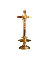 Candelero de mesa en bronce acabado sencillo con Cruz