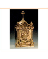 Sagrario de bronce con JHS, panes y peces grabados