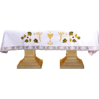 Mantel para altar con cáliz, Hostia, trigo y uvas bordadas