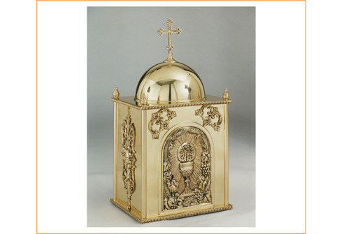 Sagrario de bronce para altar con cáliz y JHS cincelados