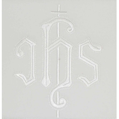 Conjunto de altar con IHS bordado en hilo blanco
