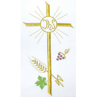 Alba blanca con Cruz, IHS, espigas y uvas bordadas
