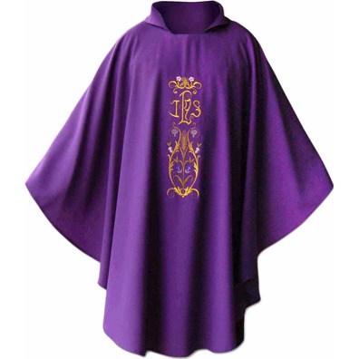 Casulla con bordado de IHS dorado morado