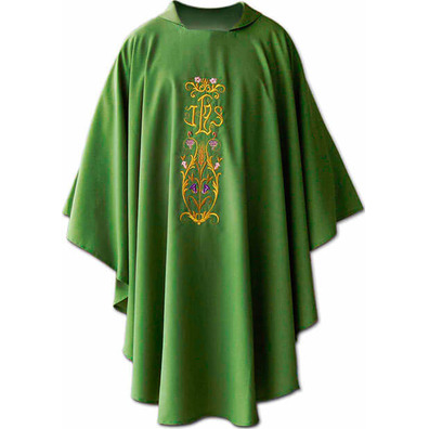 Casulla con bordado de IHS dorado verde