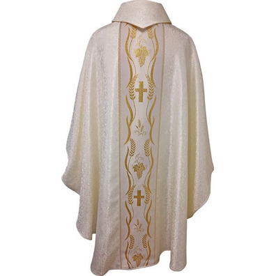 Casulla damasco con galón central dorado beige