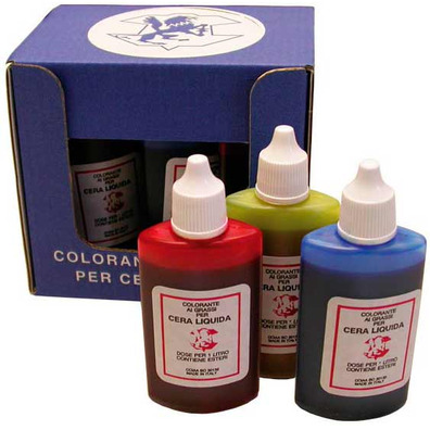 Colorante amarillo, azul y rojo para cera líquida