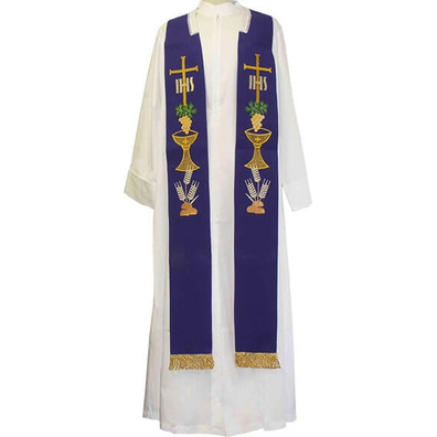 Estolón con bordados litúrgicos y fleco dorado morado