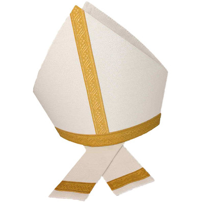 Mitra de tisú blanco con hilo dorado y galón color oro