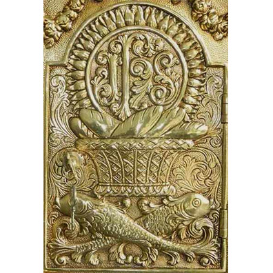 Sagrario de bronce con IHS y peces