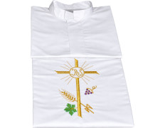 Alba blanca con Cruz, IHS, espigas y uvas bordadas