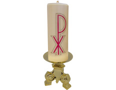 Candelero de pie de bronce con vela de 8 cm.