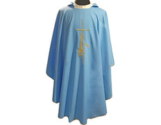 Casulla de poliéster bordada con ribetes dorados azul