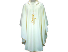 Casulla de poliéster bordada con ribetes dorados beige