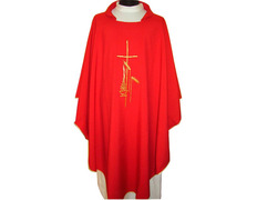 Casulla de poliéster bordada con ribetes dorados rojo