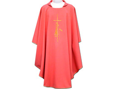 Casulla de poliéster bordada con ribetes dorados rosa