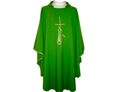 Casulla de poliéster bordada con ribetes dorados verde