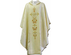 Casulla de tela damasco con estolón central bordado beige