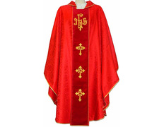 Casulla damasco con estolón en terciopelo rojo