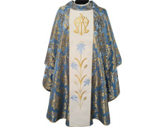 Casulla mariana con estolón central bordado azul