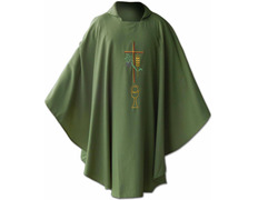 Casulla bordada con cruz, cáliz y espiga verde