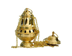 Turíbulo de metal dorado con cuatro cadenas | 24 cm.