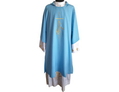 Dalmática de poliéster con Cruz y espigas bordadas azul
