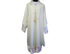 Dalmática de poliéster con Cruz y espigas bordadas beige