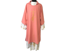 Dalmática de poliéster con Cruz y espigas bordadas rosa