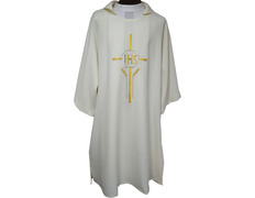Dalmática con Cruz, IHS y espigas bordadas beige
