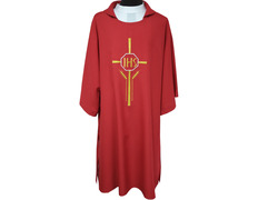 Dalmática con Cruz, IHS y espigas bordadas rojo