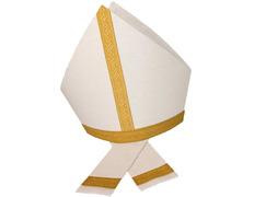 Mitra de tisú blanco con hilo dorado y galón color oro