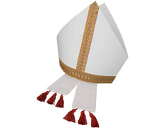 Mitra de estambre blanco roto con borlas rojas