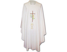 Casulla bordada con cruz, cáliz y espiga blanco