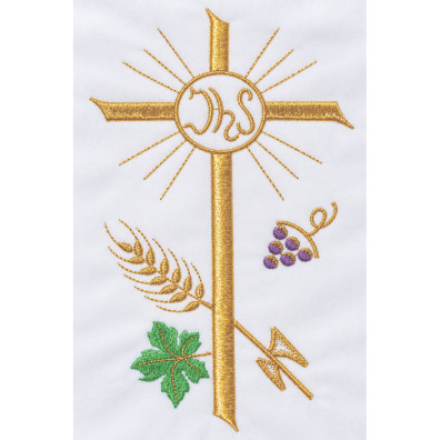 Alba blanca con Cruz, IHS, espigas y uvas bordadas