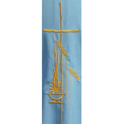Casulla de poliéster bordada con ribetes dorados azul