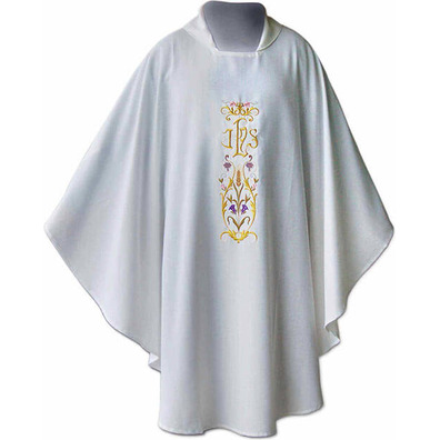 Casulla con bordado de IHS dorado blanco