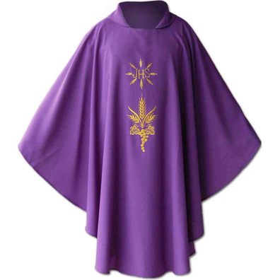 Casulla de poliéster y lana con IHS dorado morado