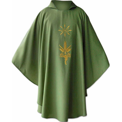 Casulla de poliéster y lana con IHS dorado verde