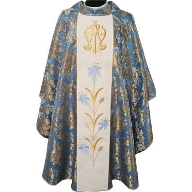 Casulla mariana con estolón central bordado azul