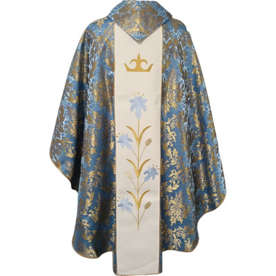 Casulla mariana con estolón central bordado azul