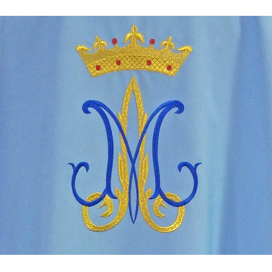 Casulla mariana con insignia y corona bordadas