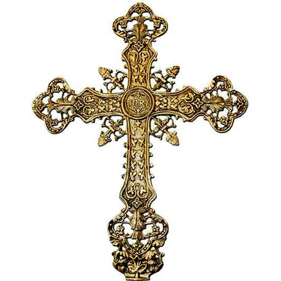 Cruz en bronce con INRI y elementos litúrgicos