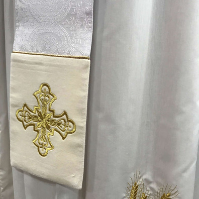 Estola de diácono de damasco y terciopelo blanco