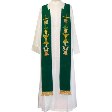 Estolón con bordados litúrgicos y fleco dorado verde