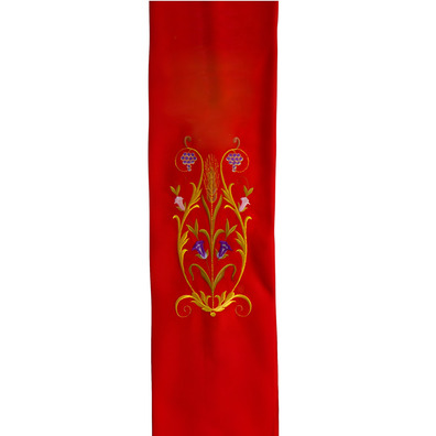 Estolón con diversos motivos litúrgicos bordados rojo