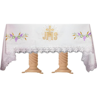 Mantel de altar bordado con JHS, espigas y uvas