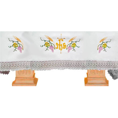 Mantel de altar con Cruz, JHS, espigas y uvas bordadas