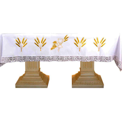 Mantel de altar con cáliz, uvas y espigas bordadas