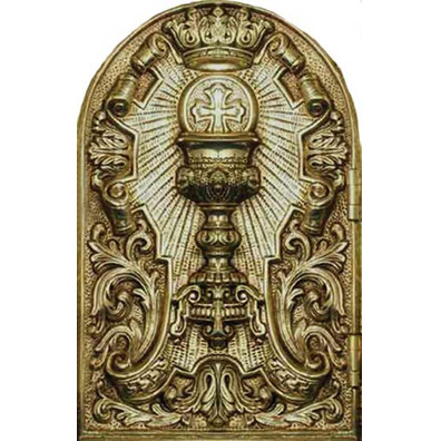 Sagrario con puerta grabada con elementos litúrgicos