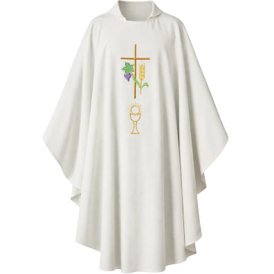 Casulla bordada con cruz, cáliz y espiga blanco